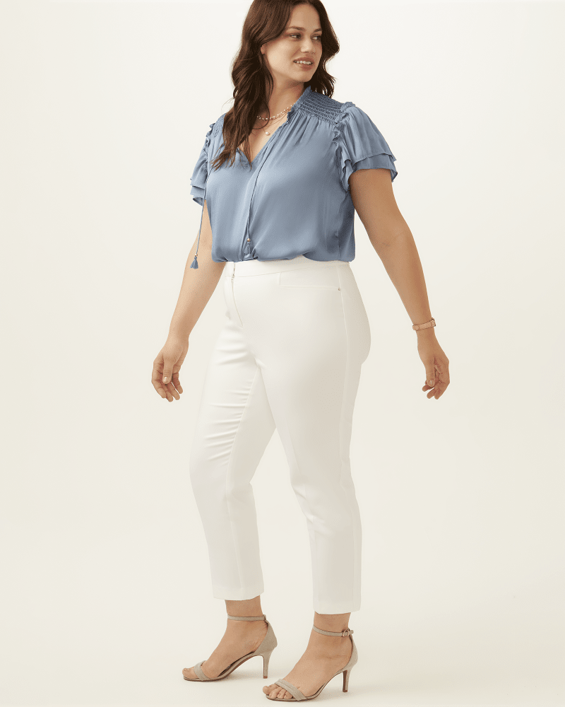 Plus size model with apple body shape wearing Lauren Ankle Pants by Rafaella | Dia&Co | dia_product_style_image_id:202529